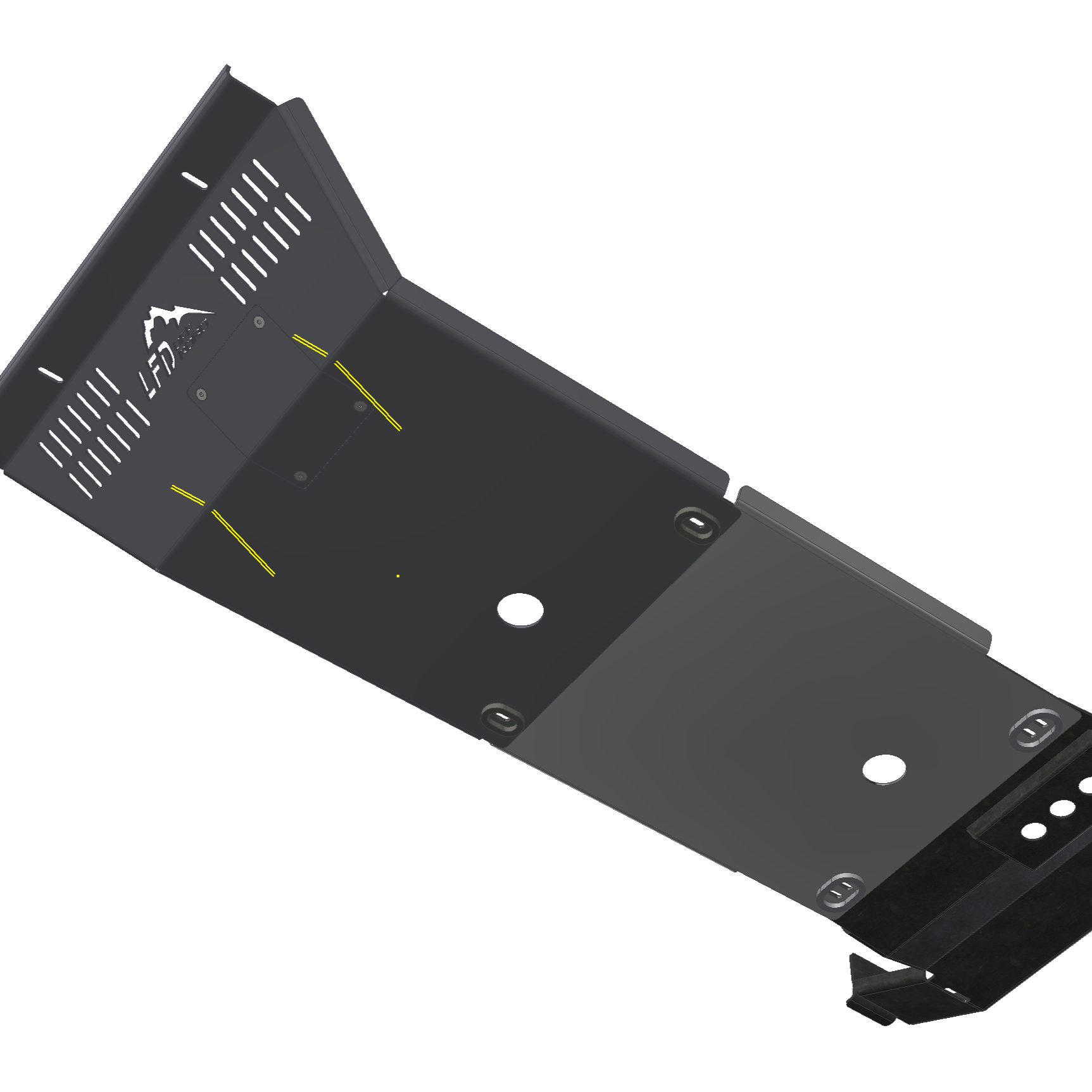 A black steel power train skid set designed for a 4th Gen 4Runner, featuring cut out areas and holes for installation.