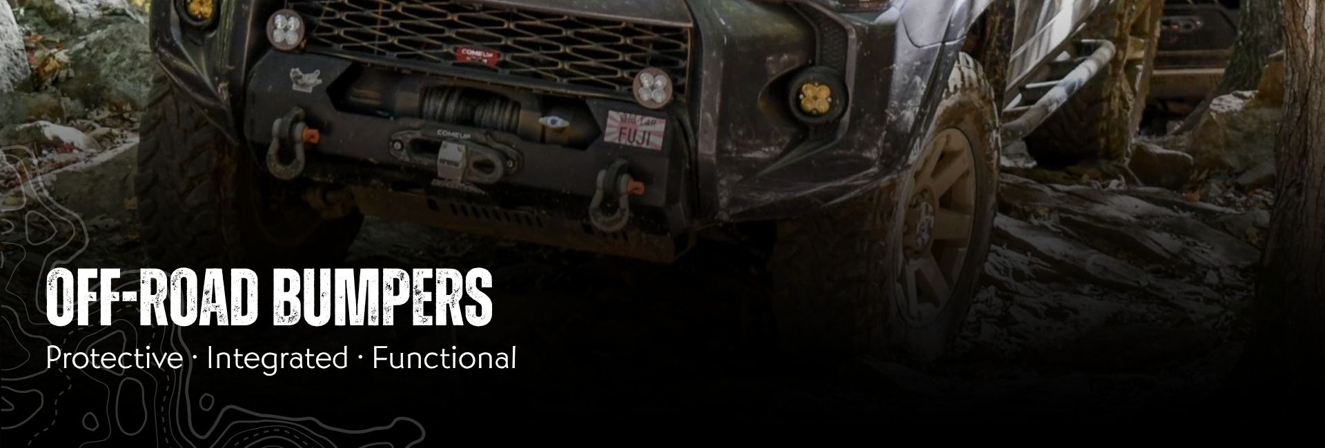 Toyota 4Runner with LFD bumper and a winch on the front, with text Off-Road Bumpers - protective, integrated, functional