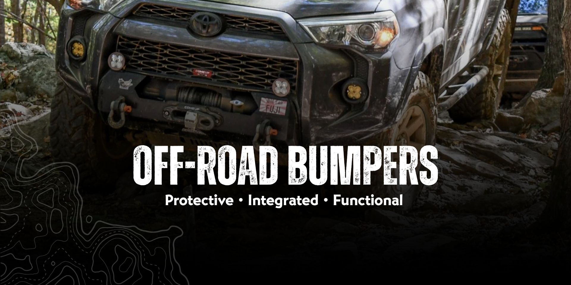 Toyota 4Runner with LFD bumper and a winch on the front, with text Off-Road Bumpers - protective, integrated, functional