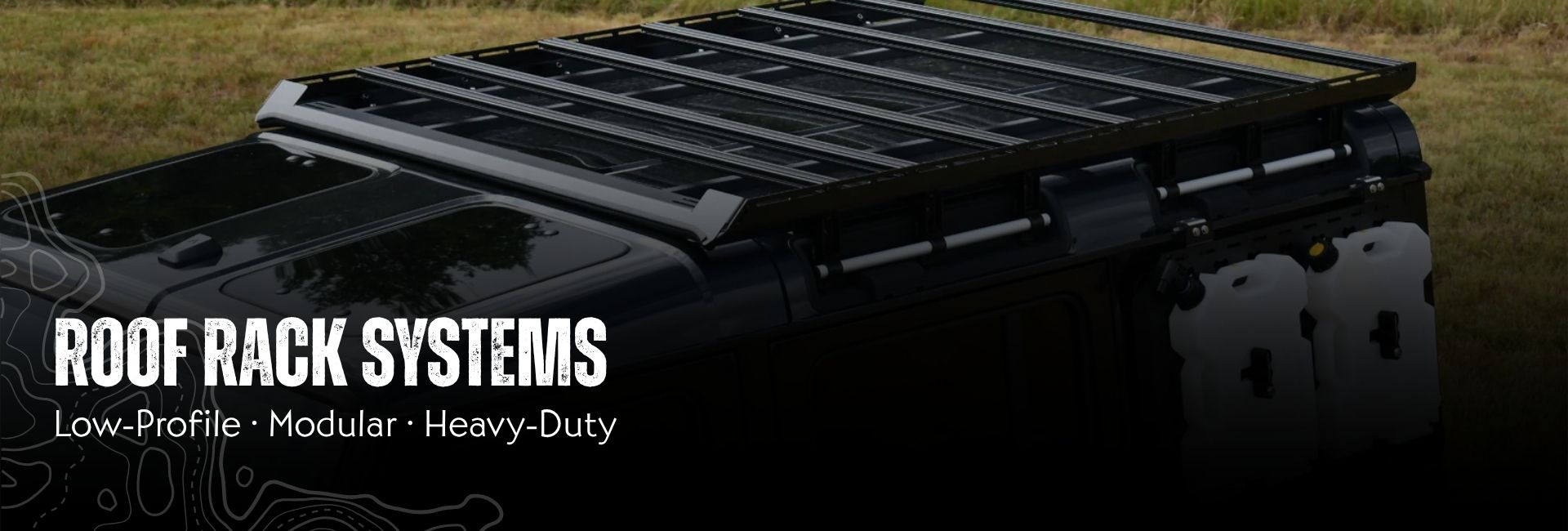 LFD roof rack system on the top of an Ineos Grenadier, with text Roof Rack systems - low-profile, modular, heavy-duty.