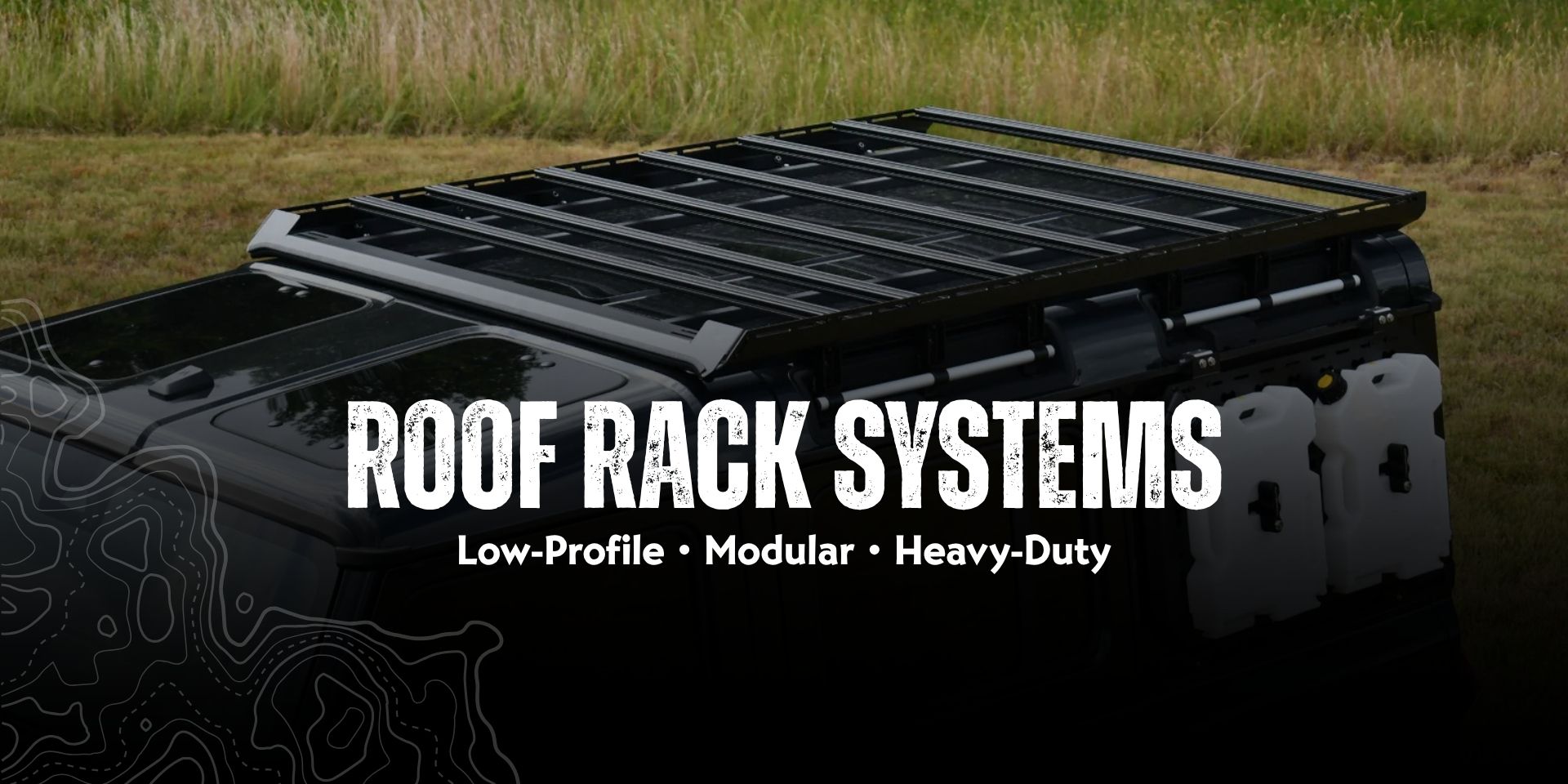 LFD roof rack system on the top of an Ineos Grenadier, with text Roof Rack systems - low-profile, modular, heavy-duty.