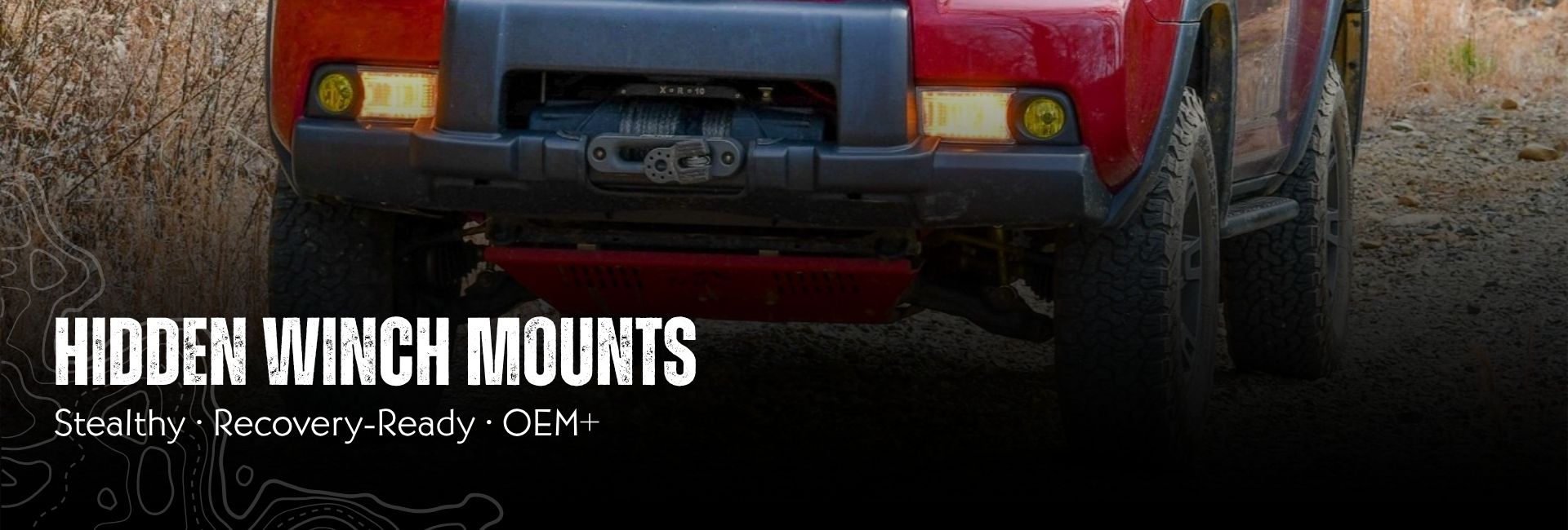 LFD hidden winch mount on the front of a vehicle with text Hidden Winch Mounts - stealthy, recovery-ready, OEM+