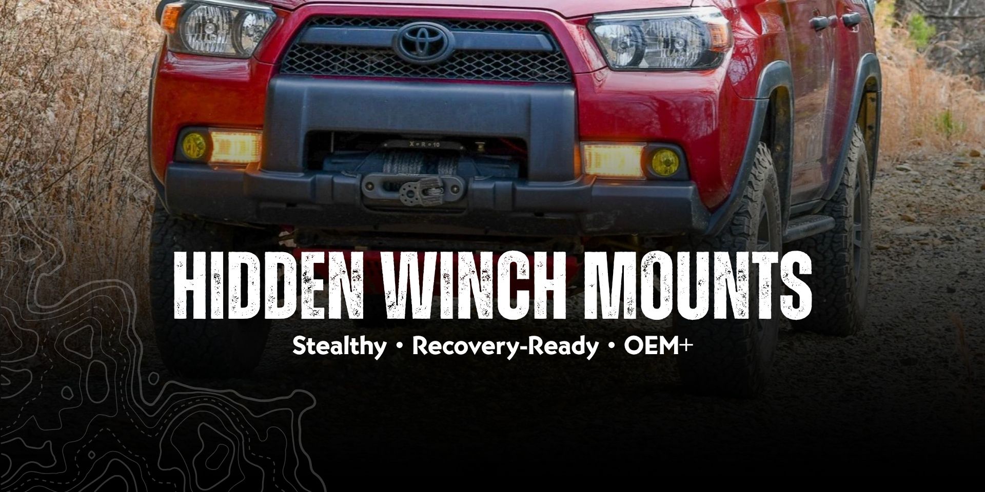 LFD hidden winch mount on the front of a vehicle with text Hidden Winch Mounts - stealthy, recovery-ready, OEM+