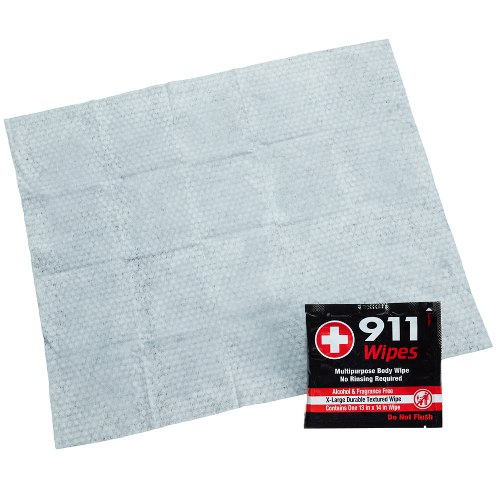 A package of 911 Wipes, with a single grey wipe partially pulled out from the package. The package is labeled with the brand name and indicates that it contains 20 Individually Wrapped Wipes.