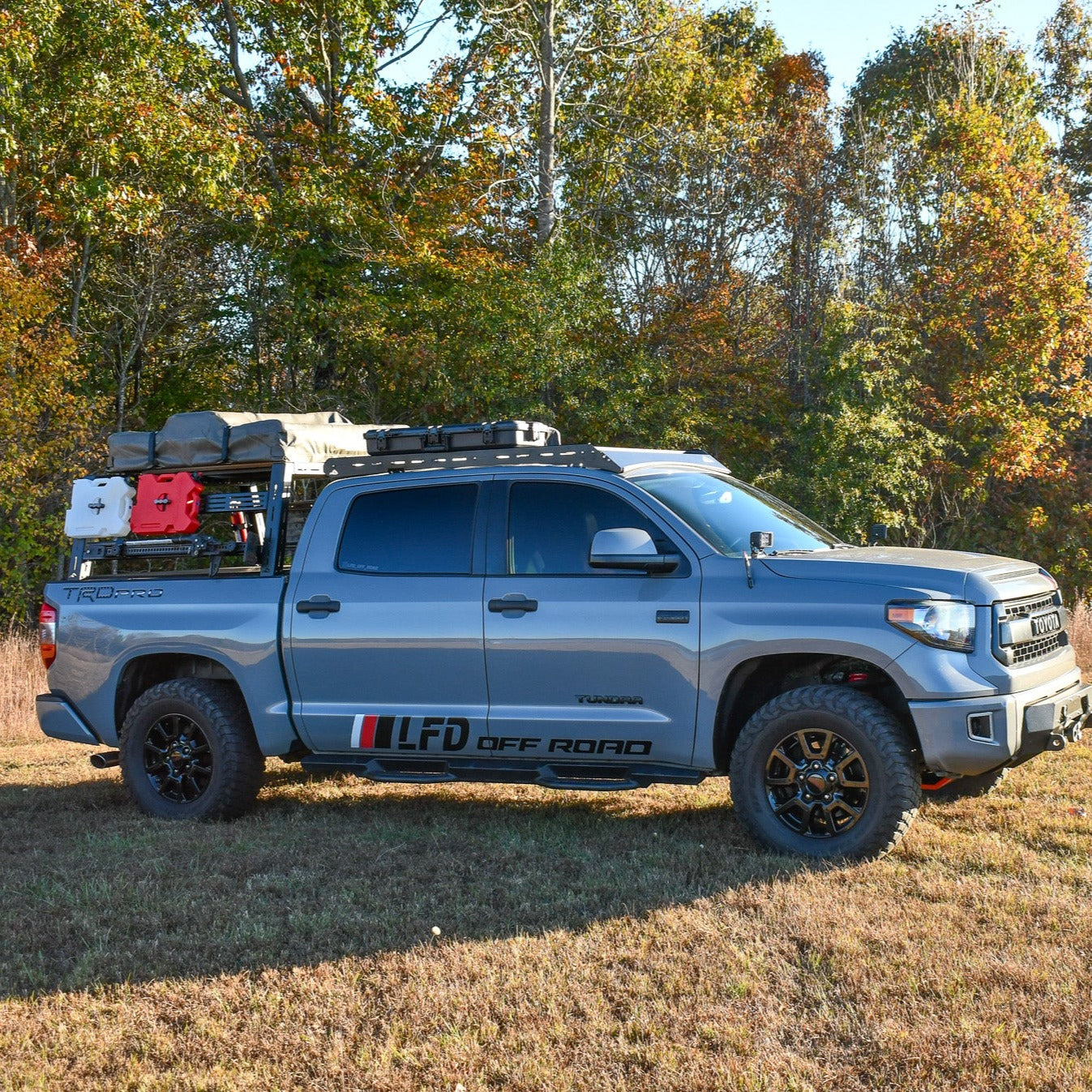 A silver Toyota Tundra CrewMax truck with a roof rack installed, parked in a natural setting with trees in the background.