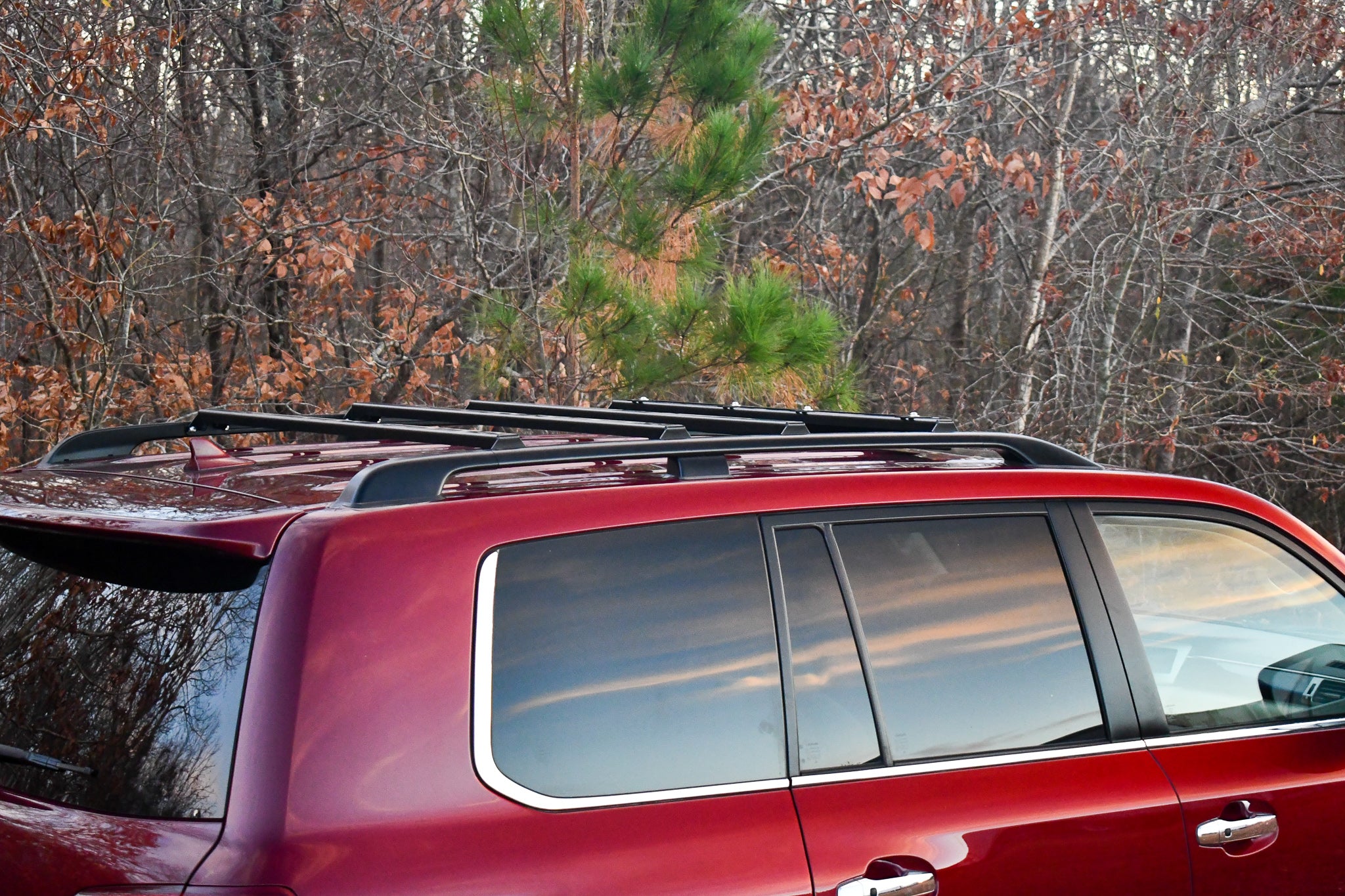 Ruggedized Crossbars mounted on the roof rails of a red 200 Series Land Cruiser vehicle, set against a forest backdrop.