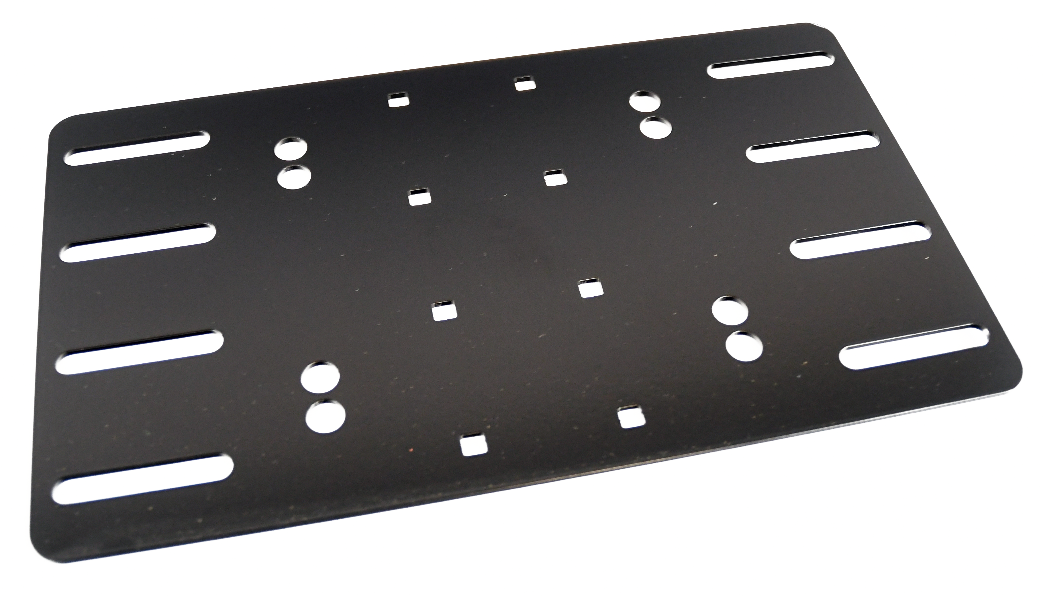 Universal accessory mounting plate for vehicle roof rack, black powder coated aluminum with multiple holes for attachment.