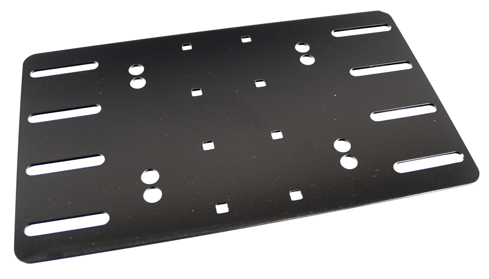 Universal accessory mounting plate for vehicle roof rack, black powder coated aluminum with multiple holes for attachment.