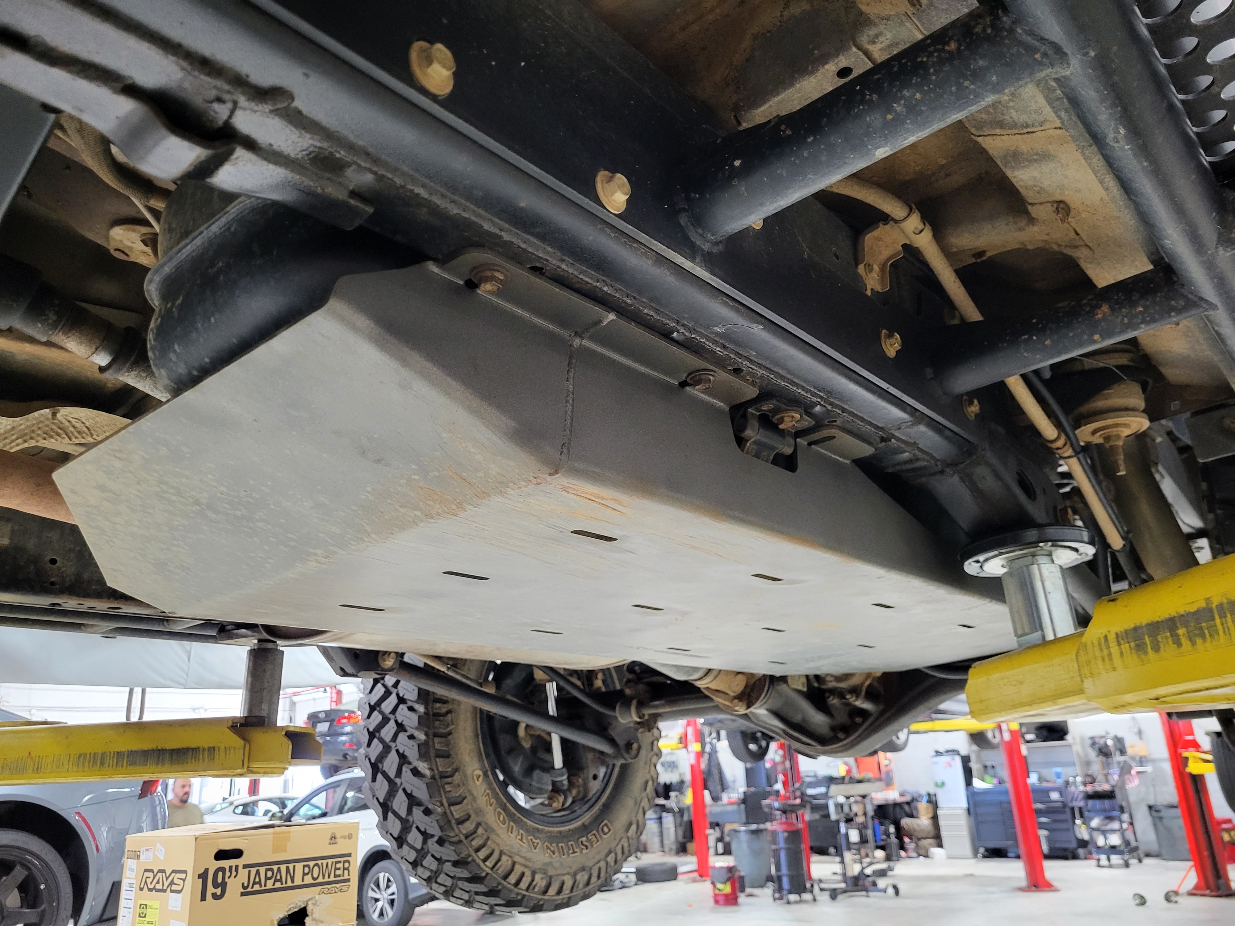 An LFD skid plate covering the fuel tank on a 4th Gen 4Runner